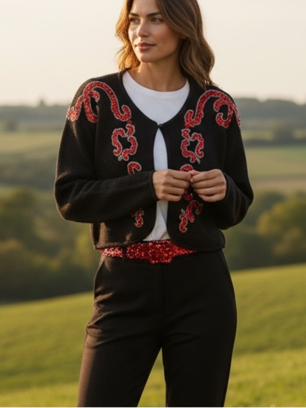 Vintage 1992 SML Sport LTD Ramie Cotton Red Sequin Beaded Cardigan Sweater Large